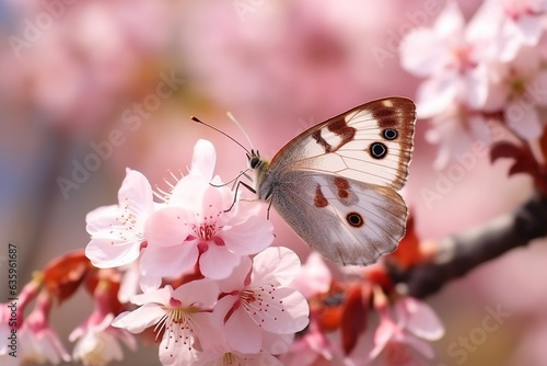 Beautiful butterfly on pink flower background.