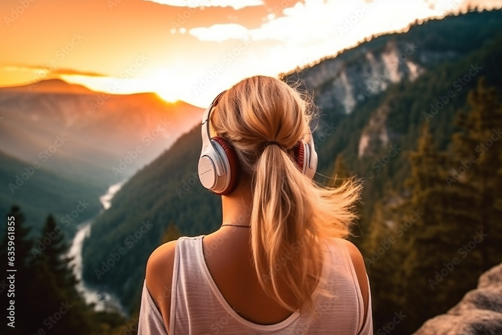 Woman listens to music with mountain background .