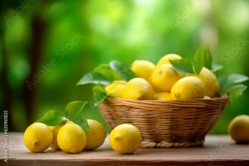 Lemons in basket on wooden table background.