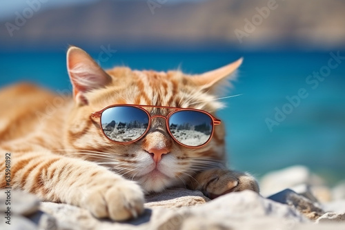 Cat sleeping on the beach with sea background.