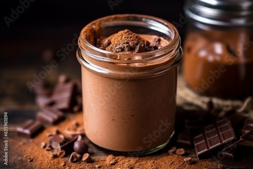 Chocolate smoothie with chocolate powder poured on wooden background.