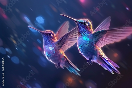 Colorful hummingbirds fly on blue background.