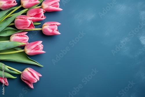 Pink tulip flowers on blue background.