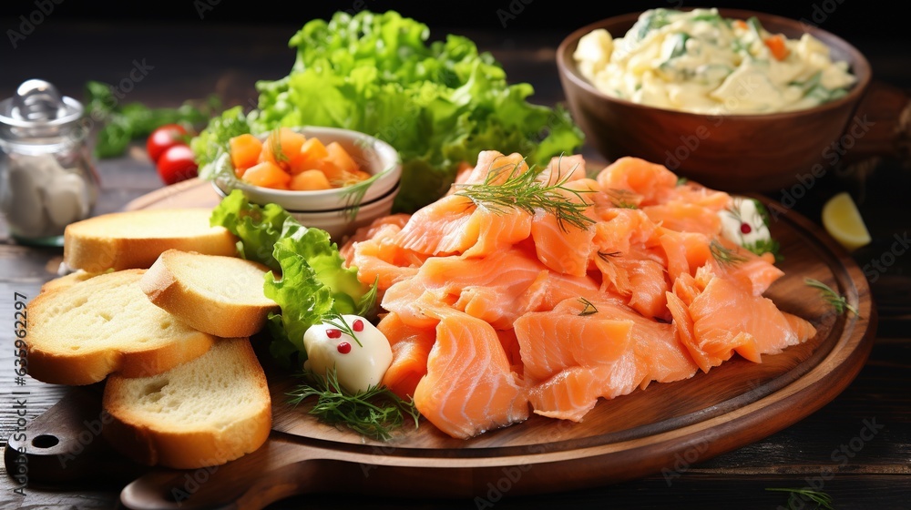a wooden plate topped with sliced up salmon next to bread. generative ai a wooden plate topped with sliced up salmon next to bread. generative ai