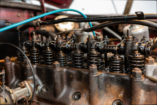 British classic sports car internals of engine closeup photo