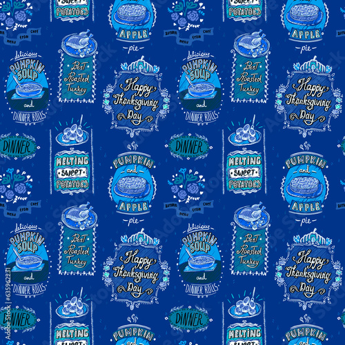 Thanksgiving Day holiday seamless pattern design with traditional menu dishes