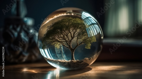 A glass ball with a tree inside a nice world earth and water day concept