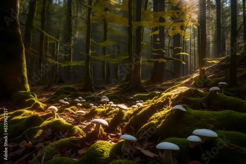 A serene grove in the heart of the forest, dappled sunlight filtering through the leaves onto a cluster of small white mushrooms - AI Generative