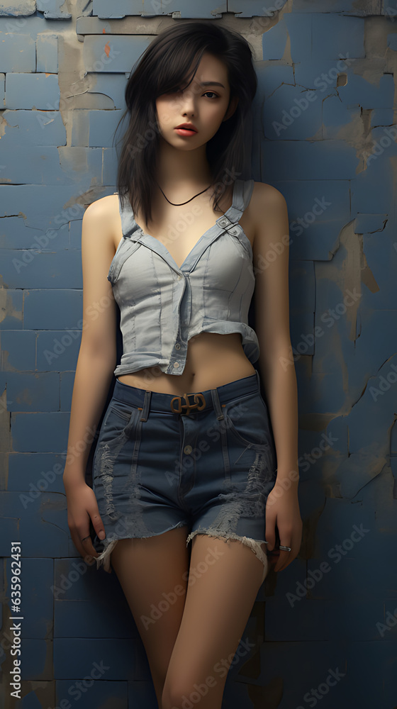 Pretty asian teenage girl standing on a wall with bricks wearing jeans shorts Pretty asian teenage girl standing on a wall with bricks wearing jeans shorts