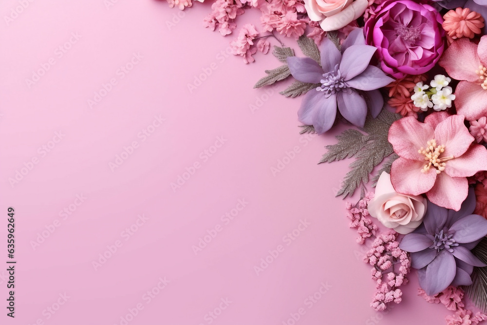 Pink flower frame on pink pastel background.