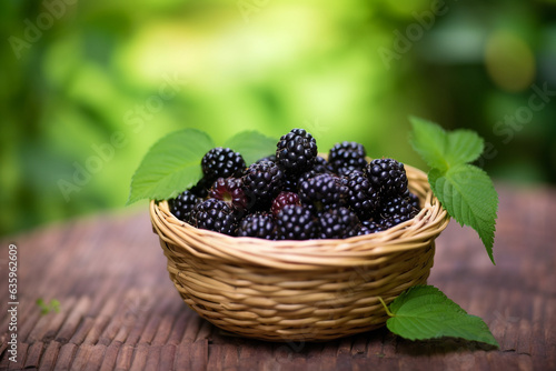 Blackberry in wicker basket on garden background.