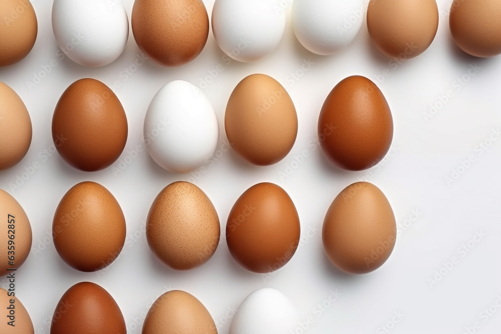 White eggs pattern with brown egg on white background.