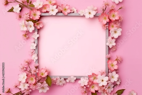 Pink flower frame on pink pastel background.