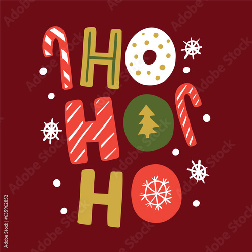 Phrase Ho Ho Ho with gingerbreads and candy canes on red (ID: 635962852)