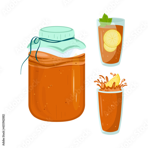 Kombucha in a jar and a glass with lemon. Splashes, drops. Vector set