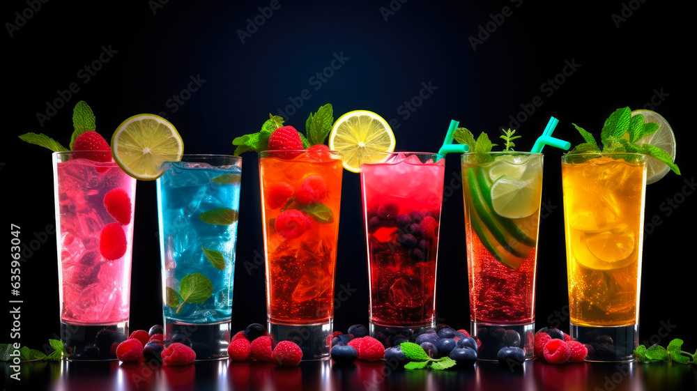 Fototapeta premium Creative Image of Vibrant and Alcohol-free Mocktails, Garnished with Fresh Fruits, Herbs, and Colorful Straws, appealing to Non-Alcoholic Beverage Enthusiasts. Ai Generated 8K.