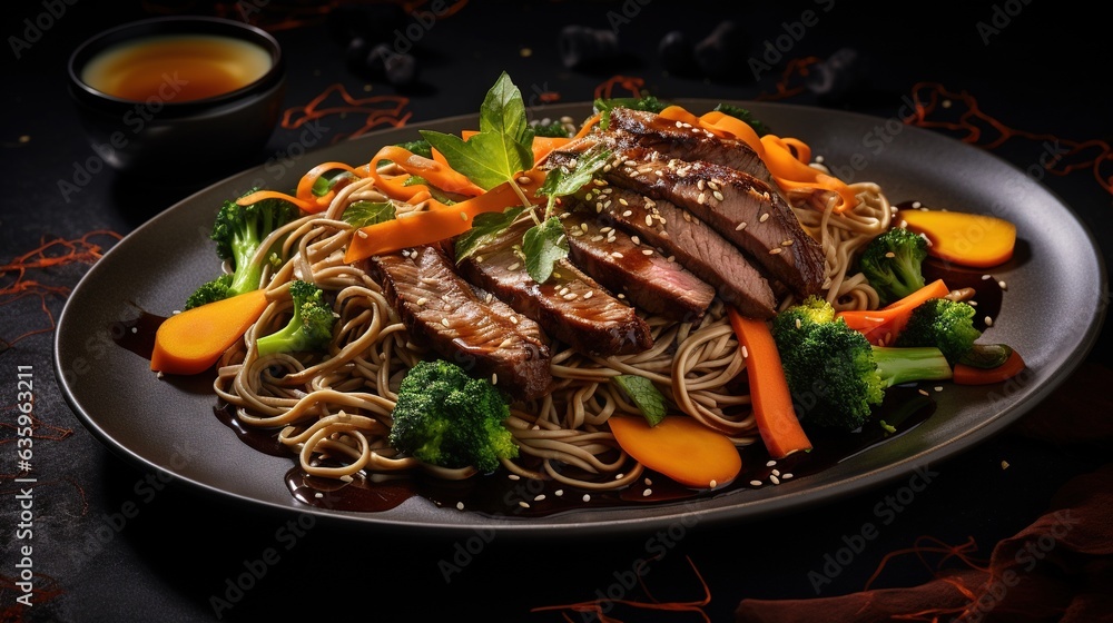 a plate of food with noodles, broccoli, carrots and meat. generative ai a plate of food with noodles, broccoli, carrots and meat. generative ai
