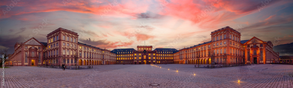 Mannheim, Germany. Panoramic view of the Baroque Palace of Mannheim at sunset. Here are located the University and a Historic Museum. 2013-02-07. - obrazy, fototapety, plakaty 