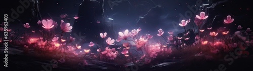 a black background with pink flowers Generative AI © SKIMP Art