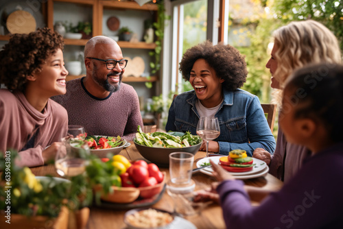 A diverse and vibrant community gathers around the dinner table sharing a meal and laughter