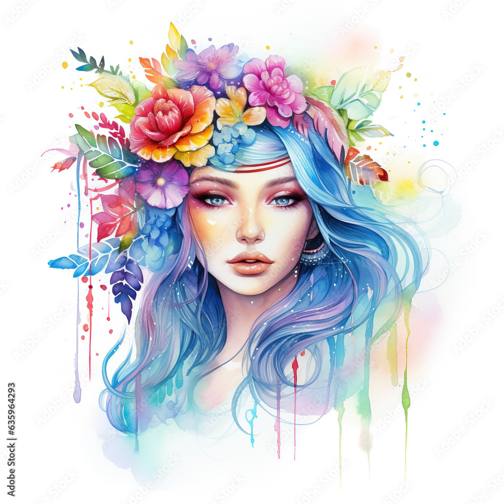 Watercolor female portrait. Fictional character, non-existent woman. Wreath of flowers on the head