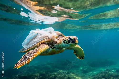 Sea turtles trapped in plastic bags on coral reefs in the sea.