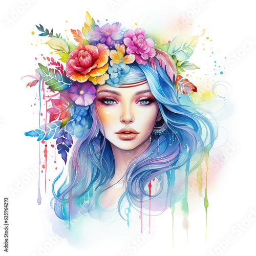 Watercolor female portrait. Fictional character  non-existent woman. Wreath of flowers on the head