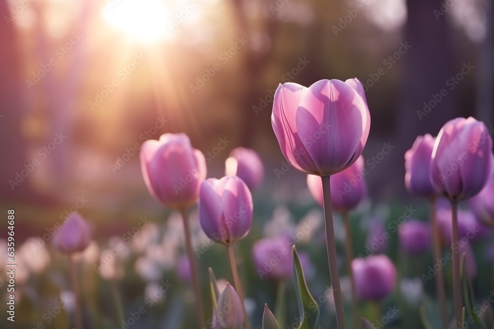 Close up tulip on field with  sunrise background. - obrazy, fototapety, plakaty 