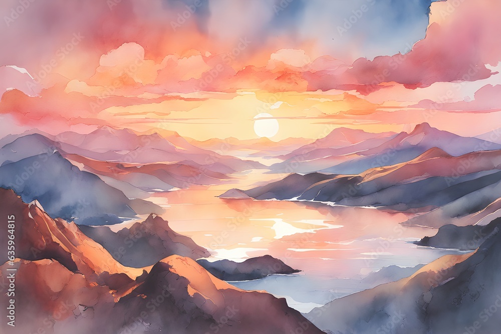 sunset in the mountains, watercolour
