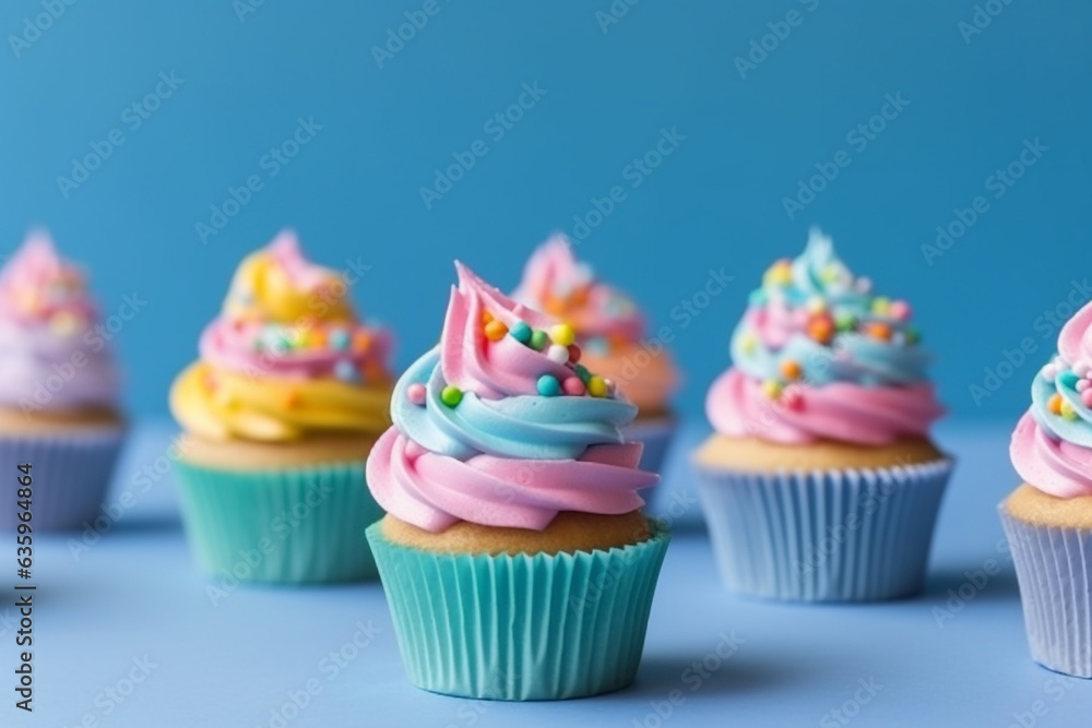 Cupcakes with decorated colorful rainbow on blue background.
