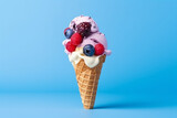 Ice cream cone with berry mix on blue Background.