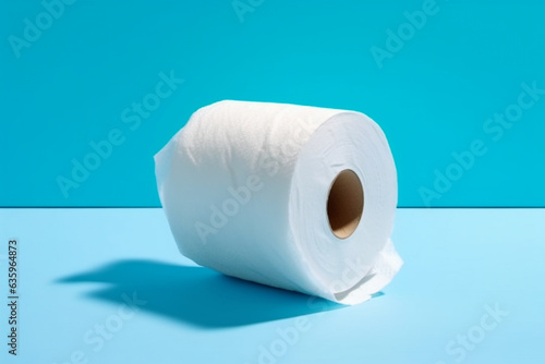 Roll of toilet paper on blue pastel background.
