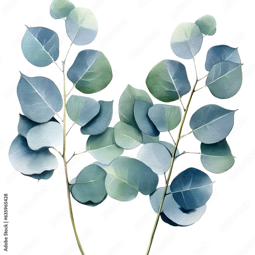 Watercolor silver dollar eucalyptus leaves and branches isolated on white background. Watercolor silver dollar eucalyptus leaves and branches isolated on white background.