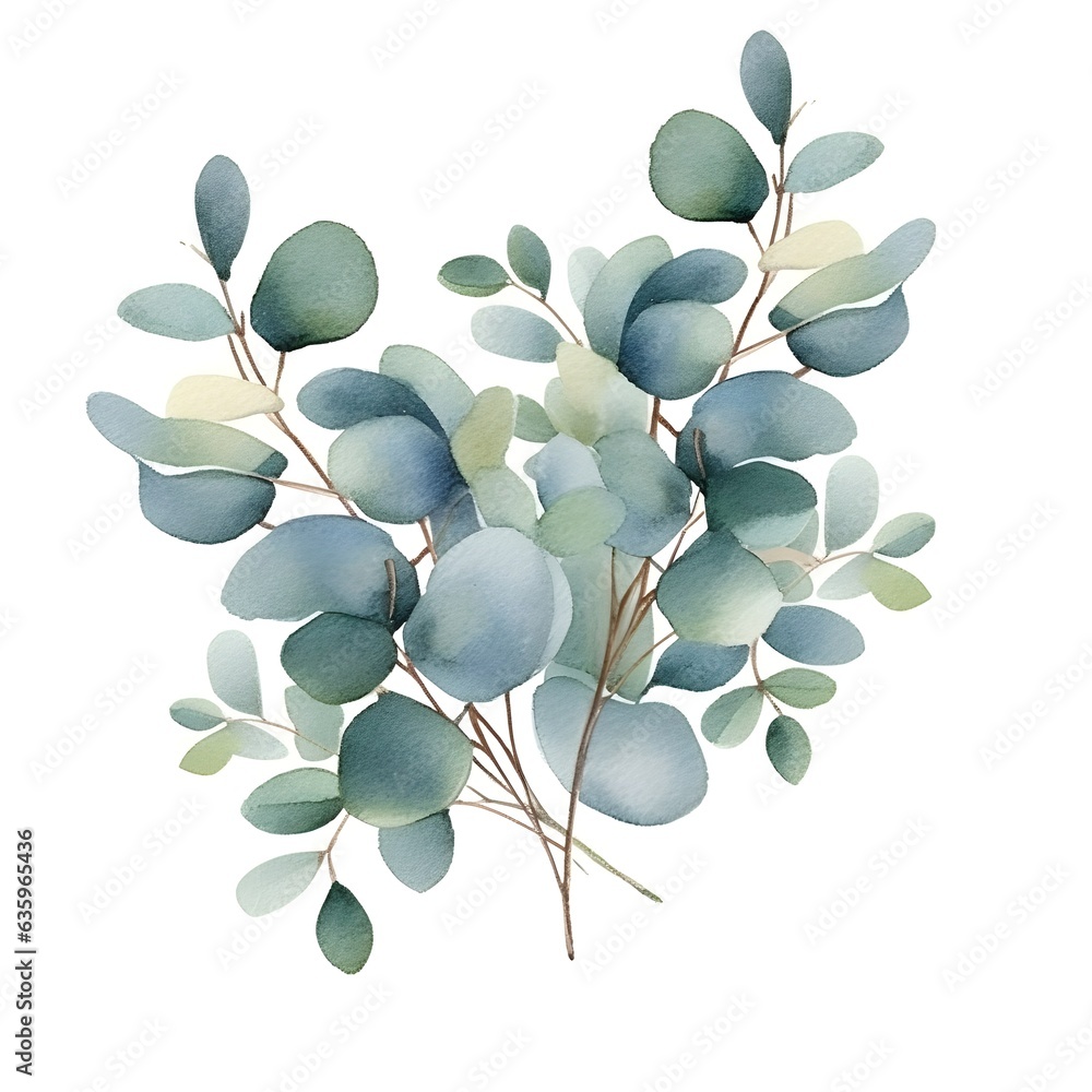 Obraz premium Watercolor silver dollar eucalyptus leaves and branches isolated on white background.