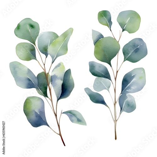 Watercolor silver dollar eucalyptus leaves and branches isolated on white background.