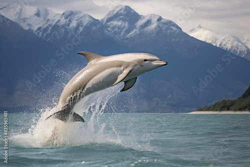 Dolphin jumping on the ocean with mountain background.