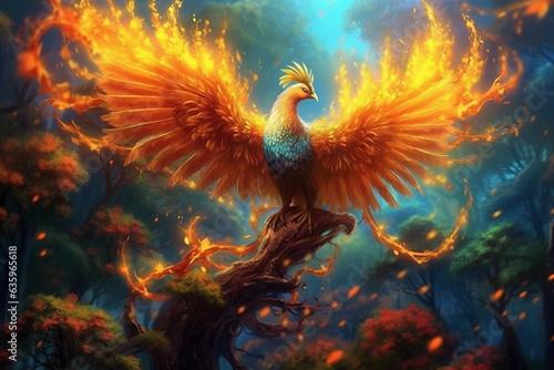 Fantasy phoenix on forest.