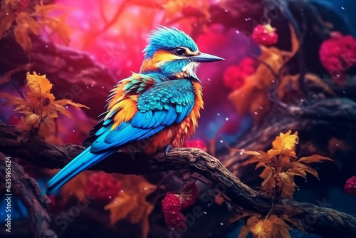 Beautiful bird on branch in the forest,fantasy mystical background.