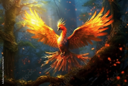 Fantasy phoenix on forest.