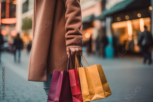 Woman holding shopping bags walking on the street.