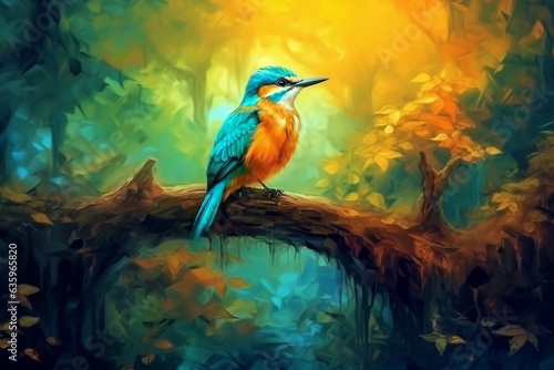 Beautiful bird on branch in the forest,fantasy mystical background.
