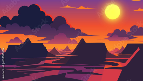 Sunset scene with a river and mountains in the background and a sun setting in the distance with clouds, colorful flat surreal design, a matte painting, color field. Cartoon anime background.