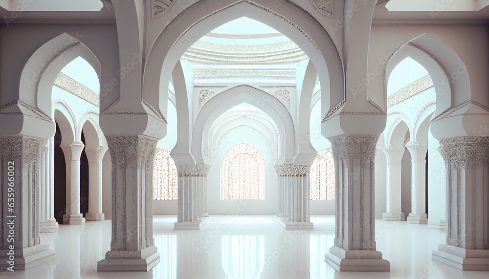  Interior of a white mosque, Luxury Mosque, interior of a mosque country,  Ai generated image 