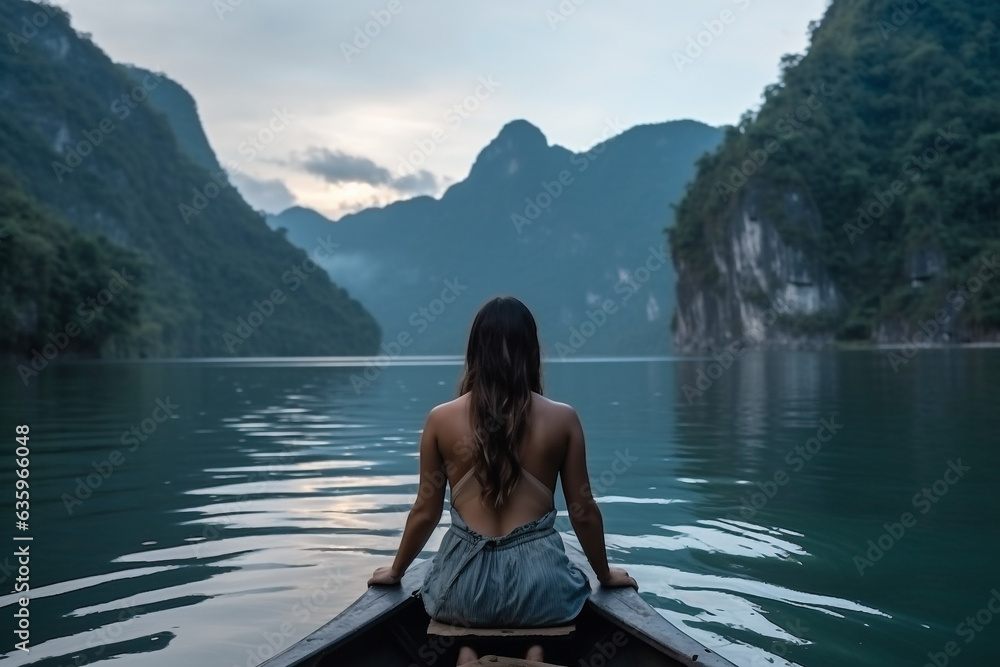 Woman sitting on boat and beautiful river with mountain nature background.