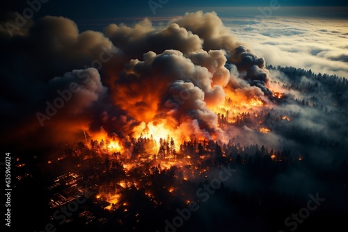 A powerful natural disaster unfurls below, as the forest fire's raging energy dominates the landscape in a fierce and consuming display.