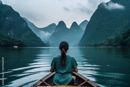 Woman sitting on boat and beautiful river with mountain nature background.