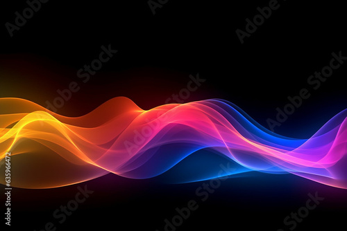 Abstract colorful neon light lines and waves on black background.