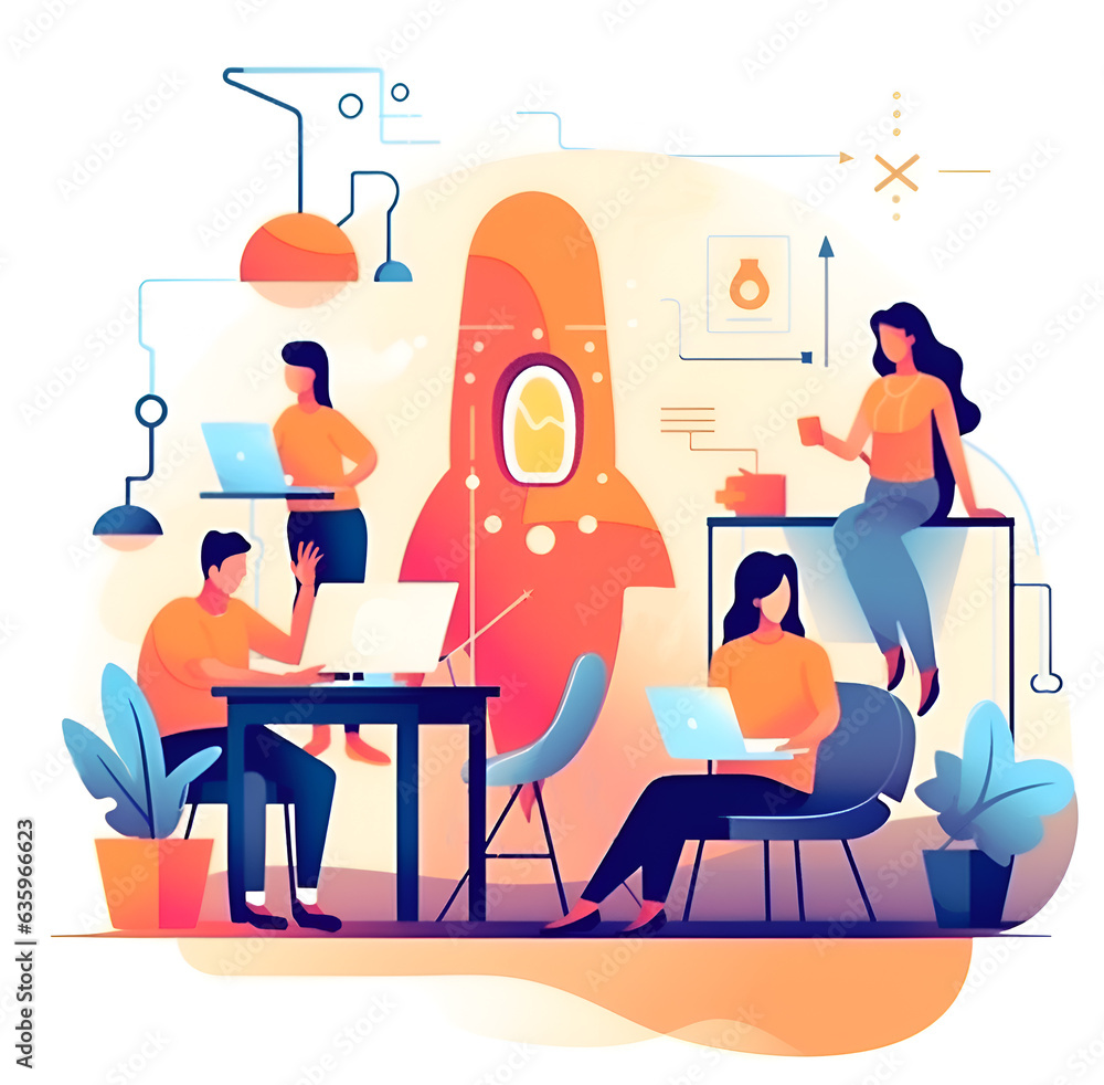 Fototapeta premium New business, start up concept illustration. Creative people working together, collaborating on a new project around abstract rocket