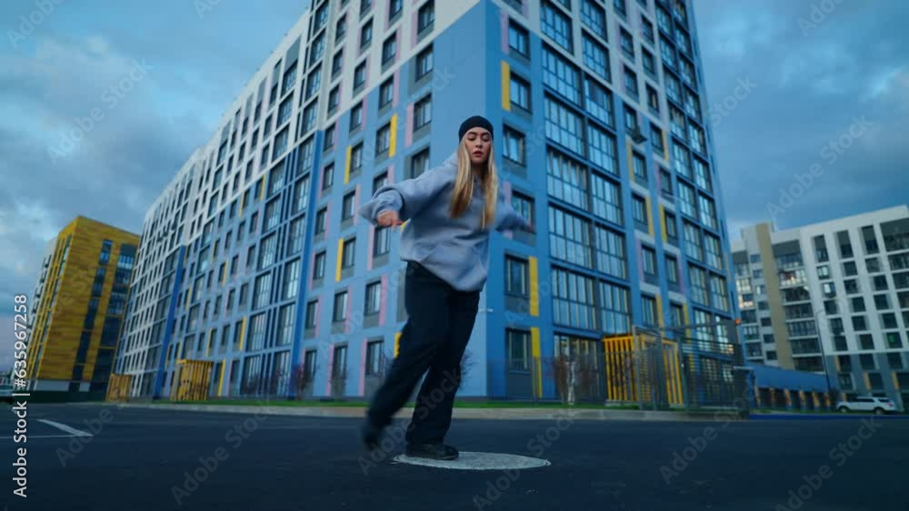 Female Breakdancer Performing Freestyle Dance Outdoors, B-Girl Dancing Hip-Hop And Jazz Funk Female Breakdancer Performing Freestyle Dance Outdoors, B-Girl Dancing Hip-Hop And Jazz Funk
