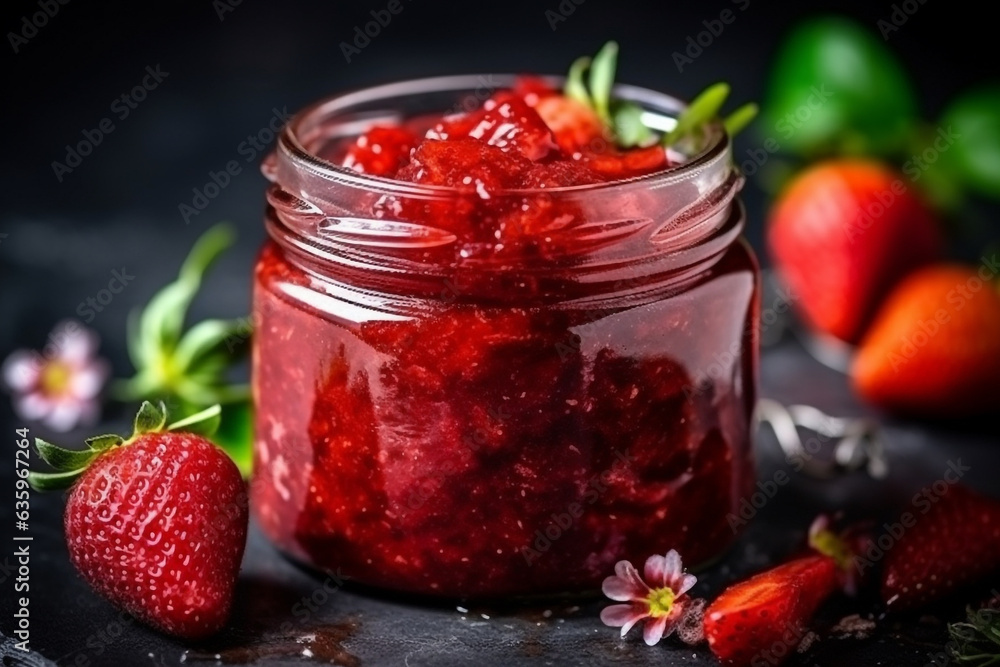 Strawberry jam in a glass jar with strawberries on black background Strawberry jam in a glass jar with strawberries on black background